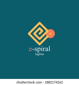 simple minimalist e letter logo with spiral combination which has yellow color and blue background