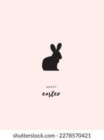 Simple Minimalist Easter Card with Black Silhouette of Sitting Bunny and Wishes isolated on a Pastel Pink Background. Modern Vector Illustration with Rabbit ideal for card, Greeiting, Banner. 