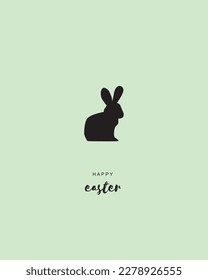 Simple Minimalist Easter Card with Black Silhouette of Sitting Bunny and Wishes isolated on a Light Green Background. Modern Vector Illustration with Rabbit ideal for card, Greeiting, Banner. 