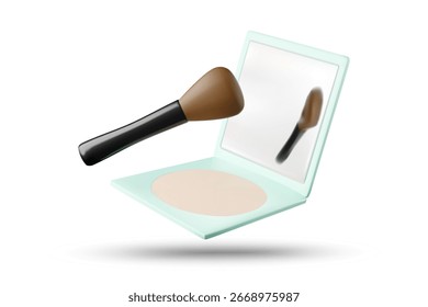 A simple, minimalist, and elegant 3D vector illustration of a cosmetic case with a compact, mirror, and blush brush placed side by side on a white background.