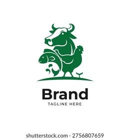 Simple Minimalist Fish Cow Chicken Combination Farming Agriculture Icon Logo