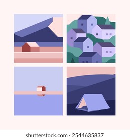 A simple minimalist flat 2D illustration of a house, tent, and village near the mountains and seaside under a blue sky, featuring shades of violet and pink.