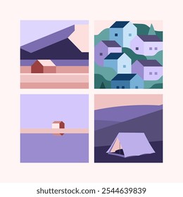 A simple minimalist flat 2D illustration of a house, tent, and village near the mountains and seaside under a blue sky, featuring shades of blue, lavender and pink.