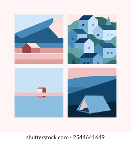 A simple minimalist flat 2D illustration of a house, tent, and village near the mountains and seaside under a blue sky, featuring shades of blue and pink.