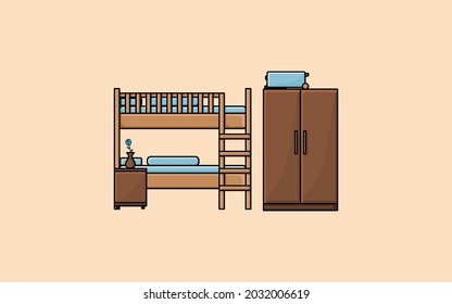 diseño simple minimalista liso litera ilustración de cama con armario y mesa