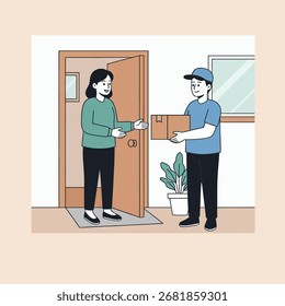 Simple Minimalist Flat Vector Illustration of a person receiving a package delivery at home.