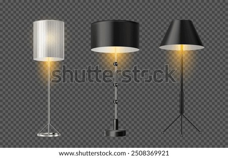 Simple minimalist floor lamps for home interior design. Vector isolated set of realistic decorative accessory with lampshade for setting warm atmosphere at house. Bedroom or living room style