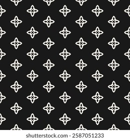 Simple minimalist floral ornament. Vector seamless pattern with flower silhouettes. Abstract geometric background. Black and white cute minimal texture. Repeated geo design for print, print, cover