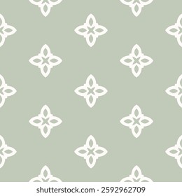 Simple minimalist floral ornament. Vector seamless pattern with flower silhouettes. Subtle abstract geometric background. Sage green color. Elegant minimal texture. Repeated design for print, textile