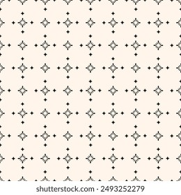 Simple minimalist floral pattern. Minimal seamless texture with small flower shapes. Abstract black and white geometric background. For print, package