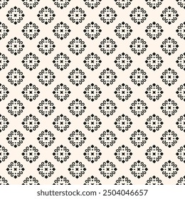 Simple minimalist floral pattern. Minimal seamless texture with small flower shapes. Abstract black and white geometric background. For print, package