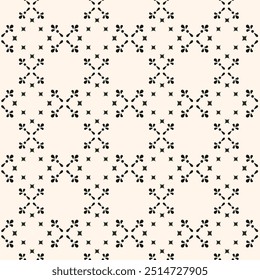 Padrão floral minimalista simples. Mínima textura sem costura com pequenas formas de flor. Fundo geométrico preto e branco abstrato. Para impressão, embalagem