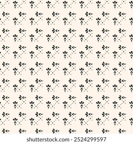 Padrão floral minimalista simples. Mínima textura sem costura com pequenas formas de flor. Fundo geométrico preto e branco abstrato. Para impressão, embalagem