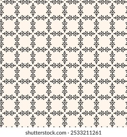 Simple minimalist floral pattern. Minimal seamless texture with small flower shapes. Abstract black and white geometric background. For print, package