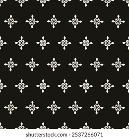 Simple minimalist floral pattern. Minimal seamless texture with small flower shapes. Abstract black and white geometric background. For print, package