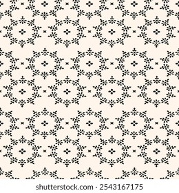 Simple minimalist floral pattern. Minimal seamless texture with small flower shapes. Abstract black and white geometric background. For print, package