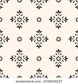 Padrão floral minimalista simples. Mínima textura sem costura com pequenas formas de flor. Fundo geométrico preto e branco abstrato. Para impressão, embalagem