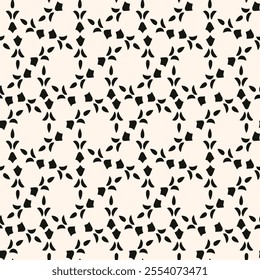 Simple minimalist floral pattern. Minimal seamless texture with small flower shapes. Abstract black and white geometric background. For print, package