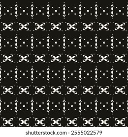 Simple minimalist floral pattern. Minimal seamless texture with small flower shapes. Abstract black and white geometric background. For print, package