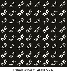 Simple minimalist floral pattern. Minimal seamless texture with small flower shapes. Abstract black and white geometric background. For print, package