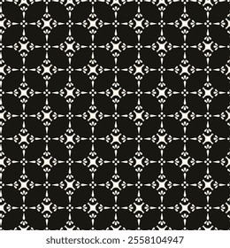 Simple minimalist floral pattern. Minimal seamless texture with small flower shapes. Abstract black and white geometric background. For print, package