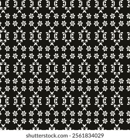 Simple minimalist floral pattern. Minimal seamless texture with small flower shapes. Abstract black and white geometric background. For print, package