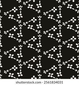 Simple minimalist floral pattern. Minimal seamless texture with small flower shapes. Abstract black and white geometric background. For print, package