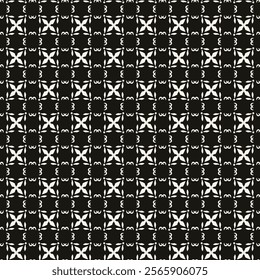 Simple minimalist floral pattern. Minimal seamless texture with small flower shapes. Abstract black and white geometric background. For print, package