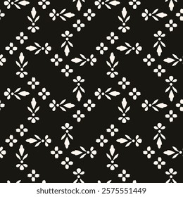 Simple minimalist floral pattern. Minimal seamless texture with small flower shapes. Abstract black and white geometric background. For print, package