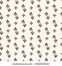 Simple minimalist floral pattern. Minimal seamless texture with small flower shapes. Abstract black and white geometric background. For print, package