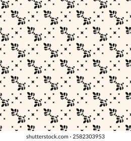 Simple minimalist floral pattern. Minimal seamless texture with small flower shapes. Abstract black and white geometric background. For print, package
