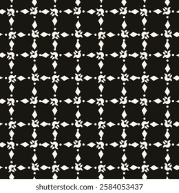 Simple minimalist floral pattern. Minimal seamless texture with small flower shapes. Abstract black and white geometric background. For print, package