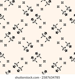 Simple minimalist floral pattern. Minimal seamless texture with small flower shapes. Abstract black and white geometric background. For print, package