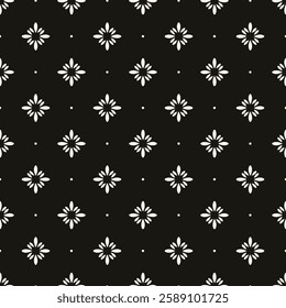 Simple minimalist floral pattern. Minimal seamless texture with small flower shapes. Abstract black and white geometric background. For print, package