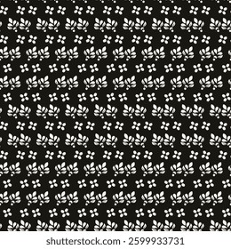 Simple minimalist floral pattern. Minimal seamless texture with small flower shapes. Abstract black and white geometric background. For print, package