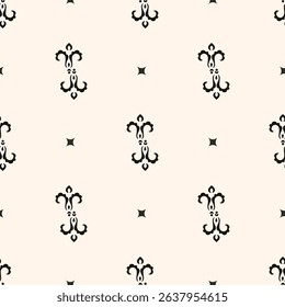 Simple minimalist floral pattern. Minimal seamless texture with small flower shapes. Abstract black and white geometric background. For print, package