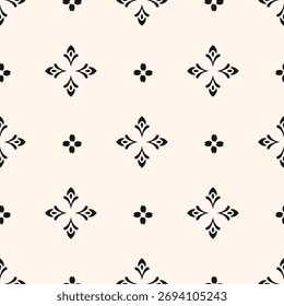 Einfaches, minimalistisches Blumenmuster. Minimale nahtlose Textur mit kleinen Blütenformen. Abstrakter geometrischer Hintergrund in Schwarz und Weiß. Für Druck, Verpackung