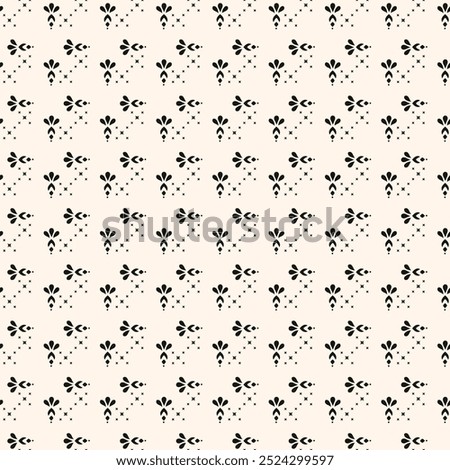 Simple minimalist floral pattern. Minimal seamless texture with small flower shapes. Abstract black and white geometric background. For print, package