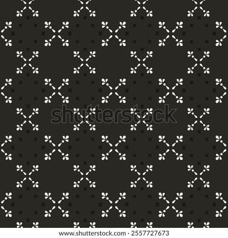 Simple minimalist floral pattern. Minimal seamless texture with small flower shapes. Abstract black and white geometric background. For print, package