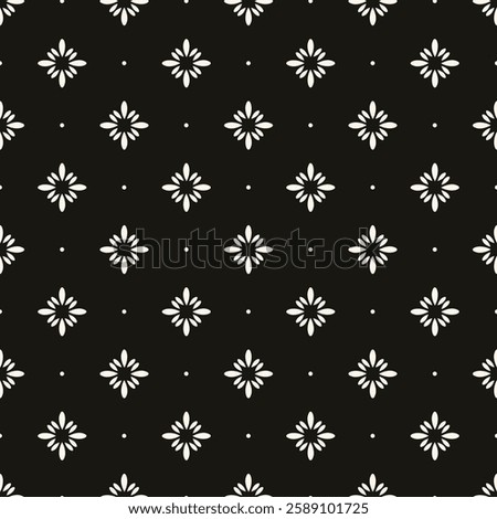 Simple minimalist floral pattern. Minimal seamless texture with small flower shapes. Abstract black and white geometric background. For print, package