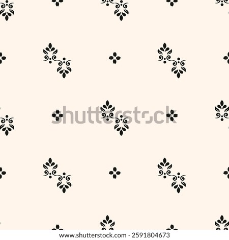 Simple minimalist floral pattern. Minimal seamless texture with small flower shapes. Abstract black and white geometric background. For print, package