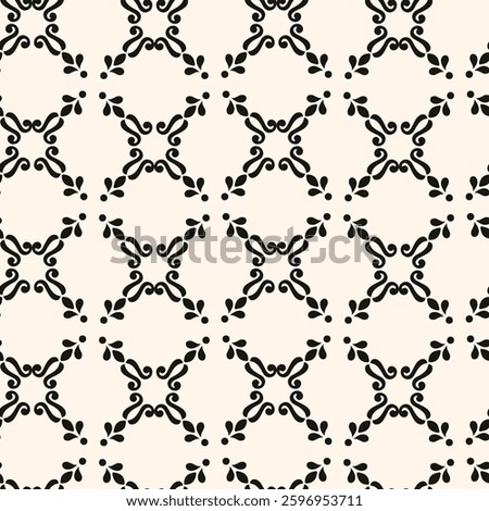Simple minimalist floral pattern. Minimal seamless texture with small flower shapes. Abstract black and white geometric background. For print, package