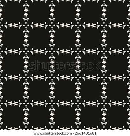 Simple minimalist floral pattern. Minimal seamless texture with small flower shapes. Abstract black and white geometric background. For print, package
