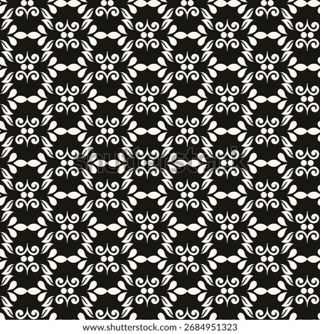 Simple minimalist floral pattern. Minimal seamless texture with small flower shapes. Abstract black and white geometric background. For print, package