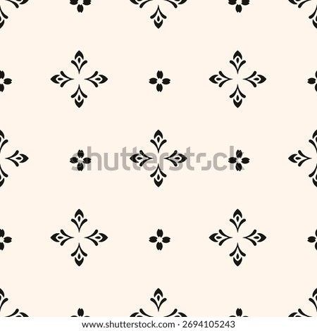 Simple minimalist floral pattern. Minimal seamless texture with small flower shapes. Abstract black and white geometric background. For print, package