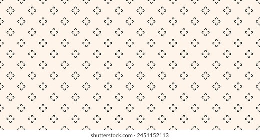 Simple minimalist floral pattern. Vector minimal seamless texture with small flower shapes. Abstract black and white geometric background. Wide monochrome ornament. Repeated design for print, package