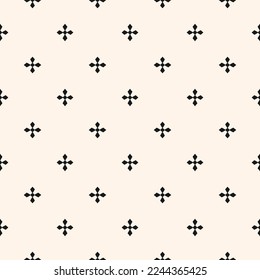 Simple minimalist floral seamless pattern in Gothic style. Black and white vector texture with small flower silhouettes, crosses. Elegant minimal monochrome ornament. Abstract geo floral background