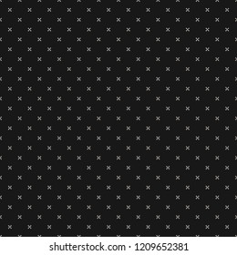 Simple minimalist floral texture. Geometric seamless pattern with tiny flower silhouettes, crosses. Vector abstract monochrome background. Black and white minimal ornament. Dark repeatable design