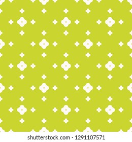 Simple minimalist floral texture. Geometric seamless pattern with small flower silhouettes, crosses. Bright green and white color. Vector abstract minimal background. Natural organic style design 