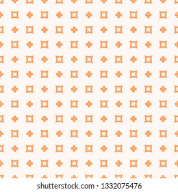 Simple minimalist floral texture. Geometric seamless pattern with small flower silhouettes, crosses, squares. Orange and beige color. Vector abstract minimal repeat background. Cute decorative design